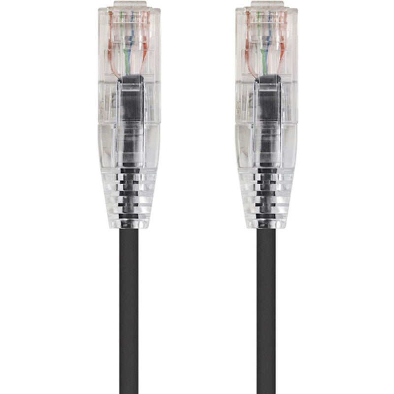 Close-up view of transparent RJ-45 connectors on SlimRun Cat6 ethernet cable showing internal wiring and snagless boot design