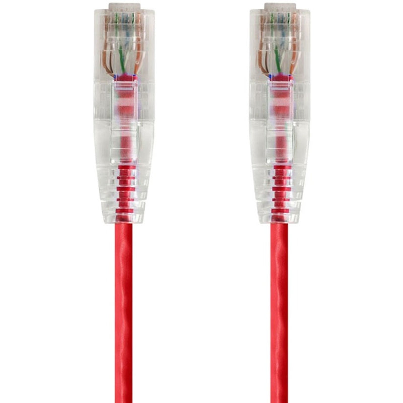 Close-up view of transparent RJ-45 connectors on red SlimRun Cat6 ethernet cable showing internal wire configuration