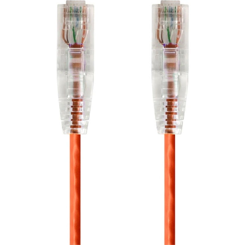 Close-up view of SlimRun Cat6 ethernet cable transparent RJ-45 connectors showing internal wiring and orange cable jacket