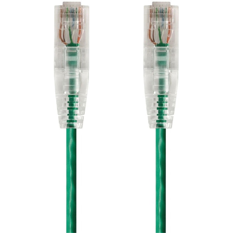 Close-up view of two SlimRun Cat6 ethernet cables with transparent RJ-45 connectors and green cable jacket