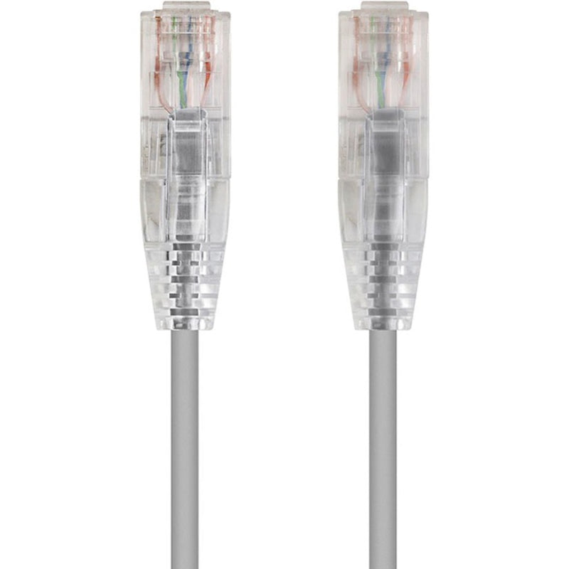 Close-up view of transparent RJ-45 connectors on SlimRun Cat6 ethernet cable showing internal wiring and pin configuration