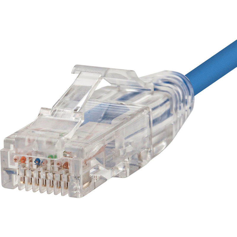 Detailed macro shot of SlimRun Cat6 RJ45 connector showing internal wiring and clear housing