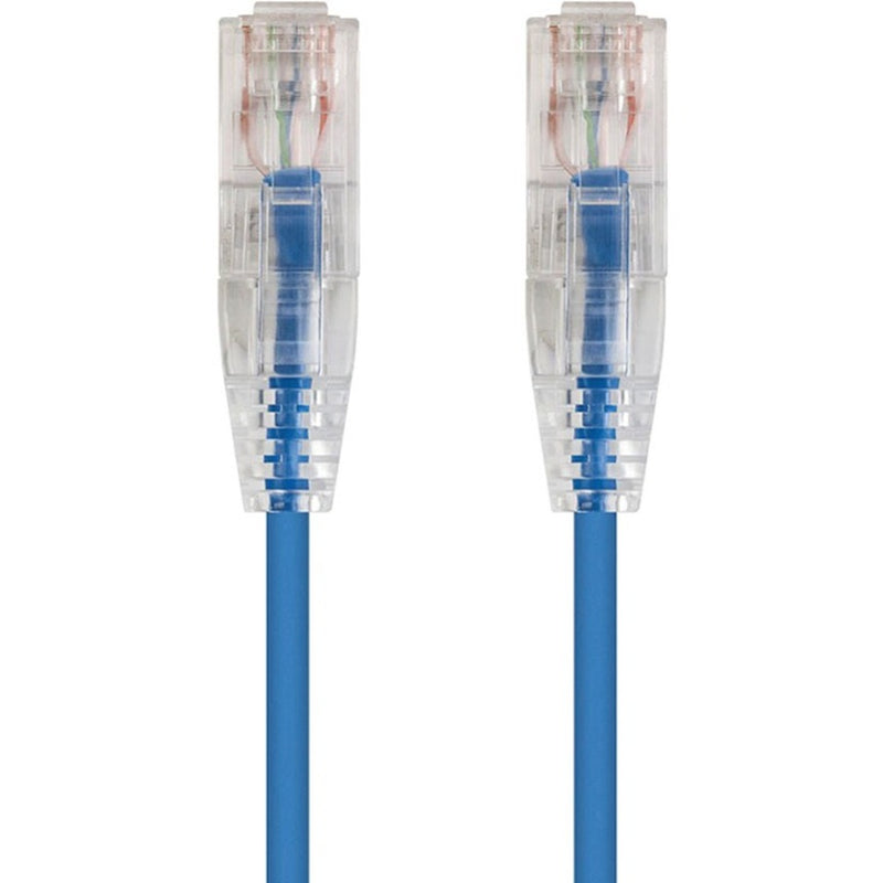 Close-up view of SlimRun Cat6 cable connectors with transparent housing and blue cable jacket