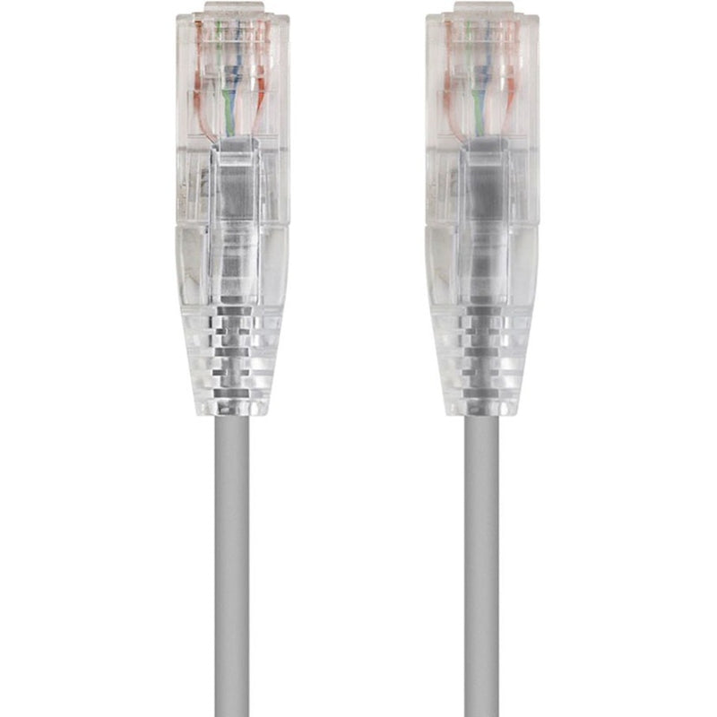 Close-up view of transparent RJ-45 connectors on SlimRun Cat6 ethernet cable showing internal wiring configuration