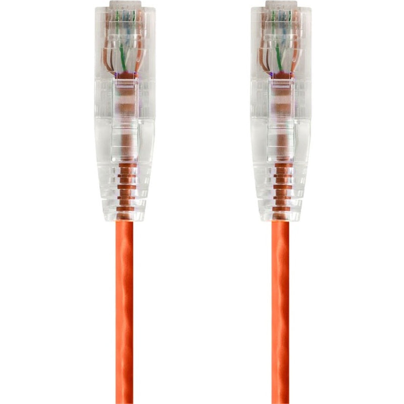 Close-up view of transparent RJ-45 connectors with snagless boots on orange Cat6 ethernet cable