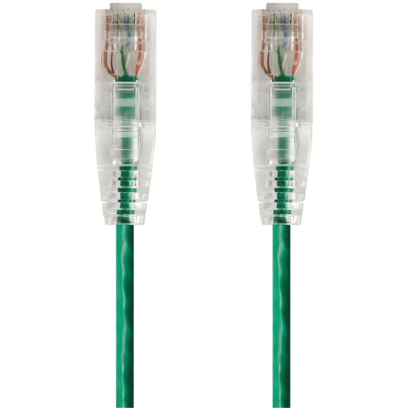 Close-up view of SlimRun Cat6 ethernet cable connectors showing transparent snagless boots and green cable jacket