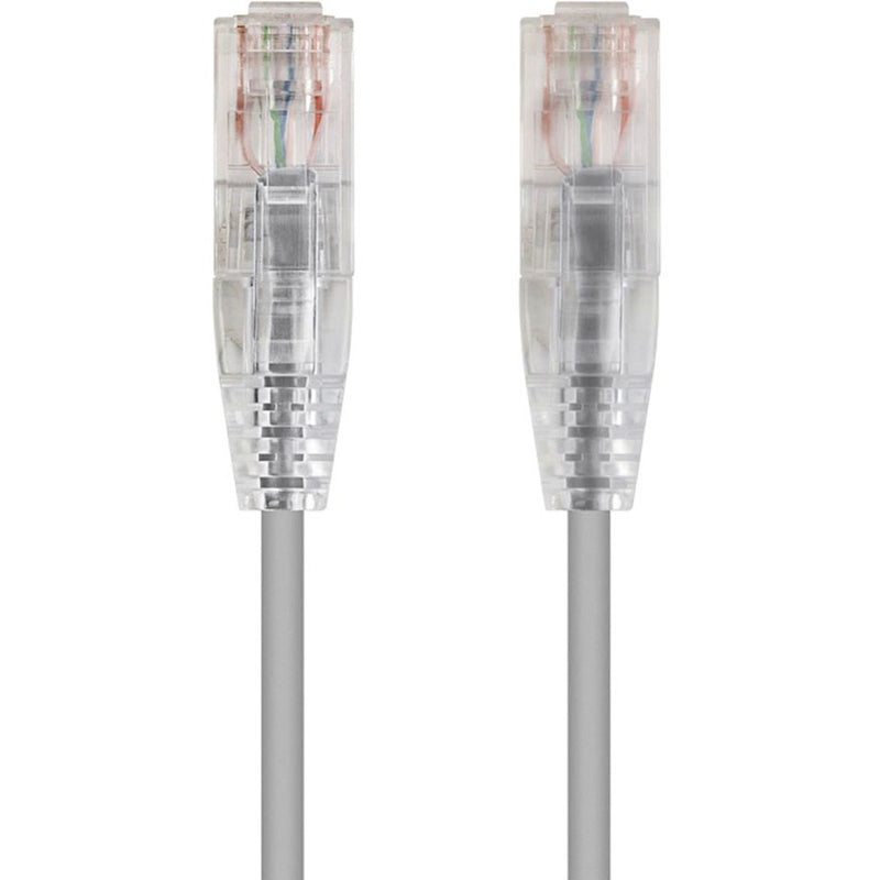 Close-up view of transparent RJ-45 connectors on SlimRun Cat6 cable showing internal wiring and slim gray cable design