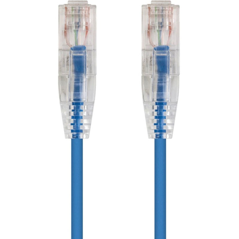 Close-up view of two transparent RJ-45 connectors on blue SlimRun Cat6 ethernet cable showing internal wiring configuration