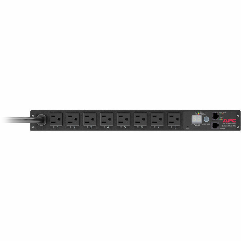 Front view of APC AP7900B Rack PDU showing eight NEMA 5-15R outlets, digital display, and network ports