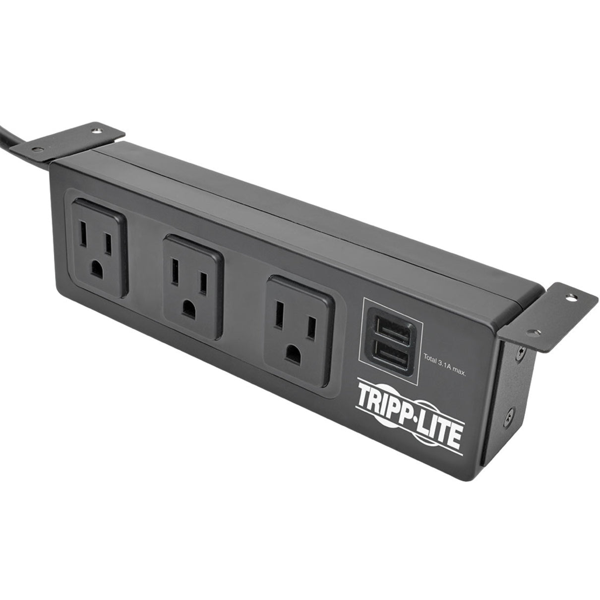 Angled view of Tripp Lite surge protector with mounting brackets attached-alternate-image4