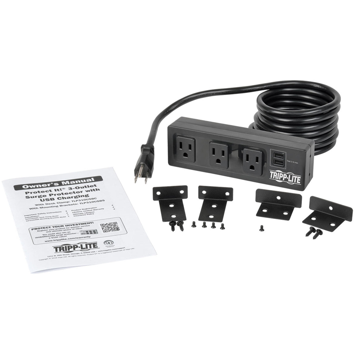 Complete package contents of Tripp Lite surge protector including manual and mounting hardware-alternate-image7