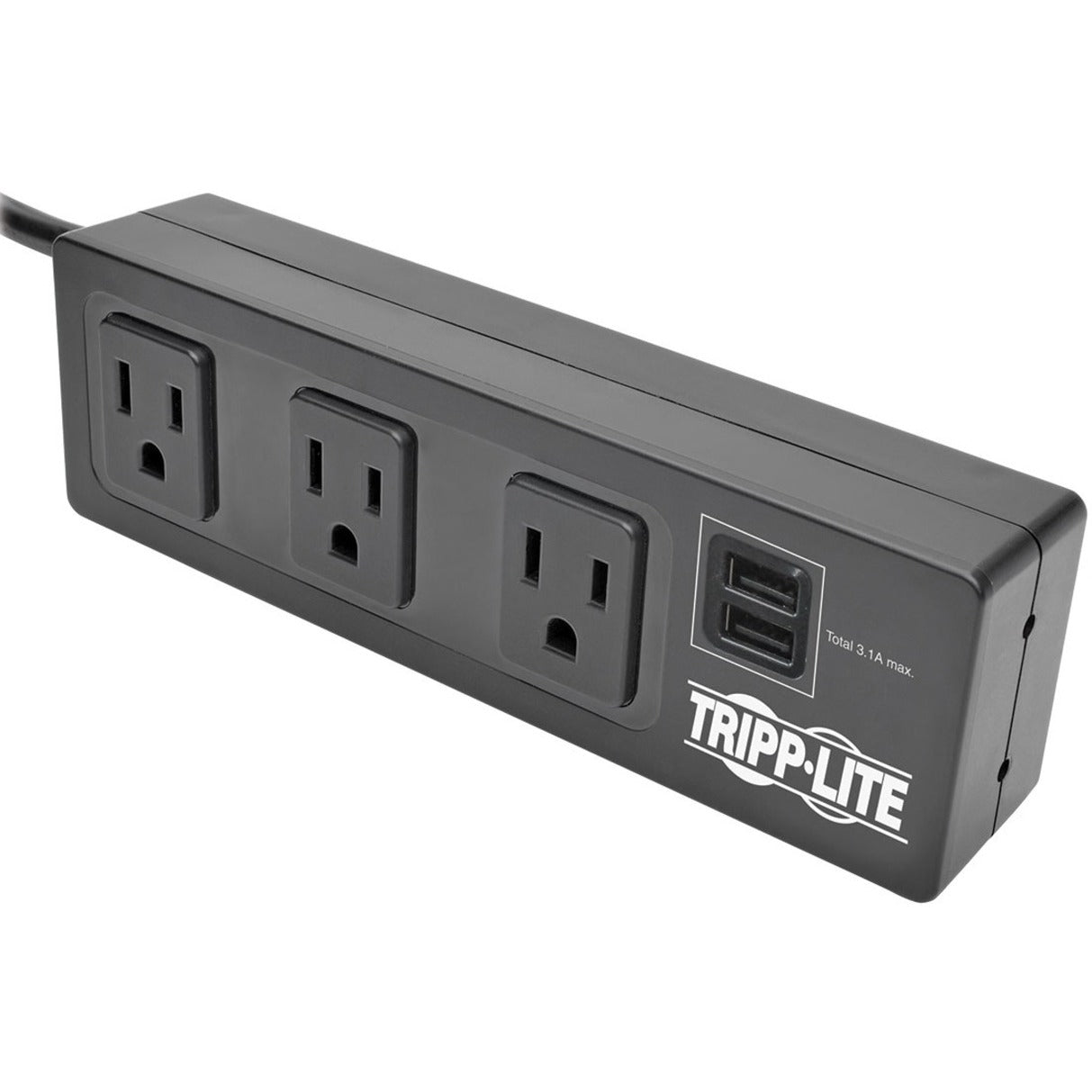 Front view of Tripp Lite surge protector showing three AC outlets and dual USB ports-alternate-image1