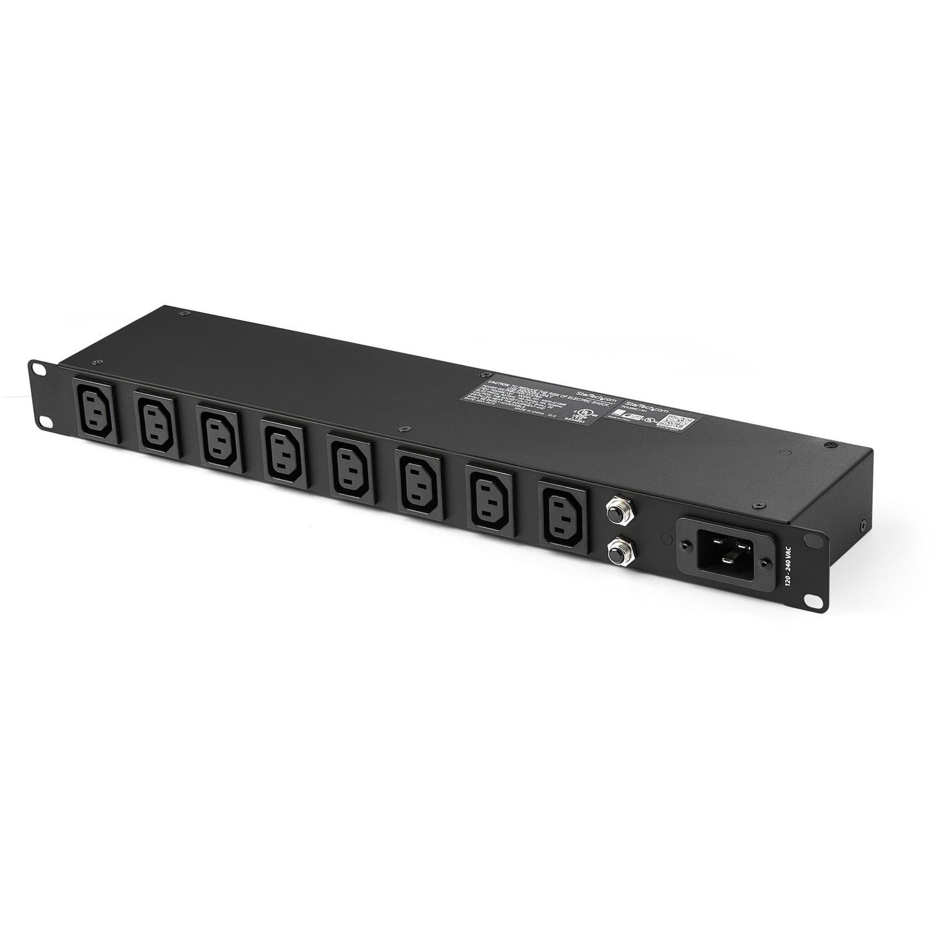 Front view of StarTech.com 8-outlet rack mount PDU showing C13 power outlets and black metal housing-alternate-image1