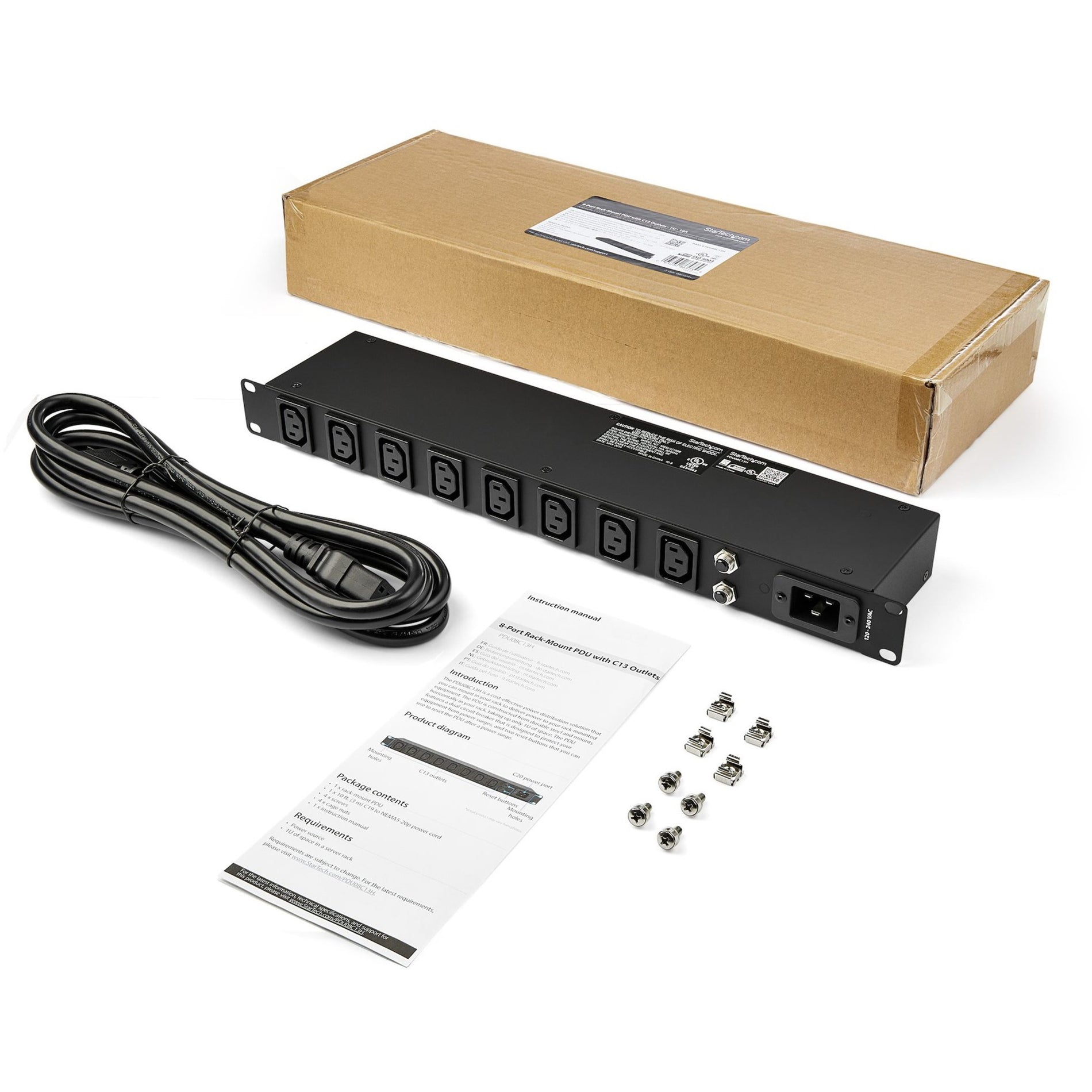 Product package contents showing PDU unit, power cord, mounting hardware and manual-alternate-image4