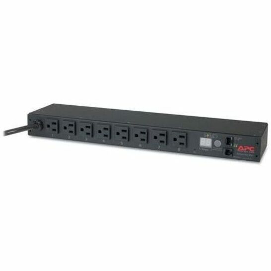 Front view of APC AP7800B Metered Rack PDU showing 8 NEMA outlets and digital display interface