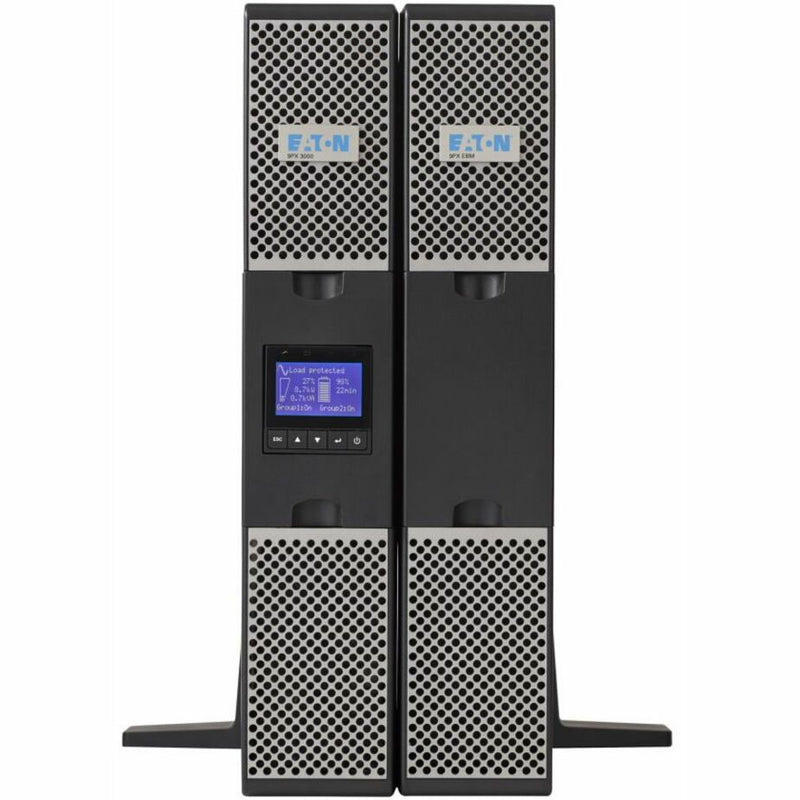 Two Eaton 9PX UPS units in parallel configuration showing synchronized displays