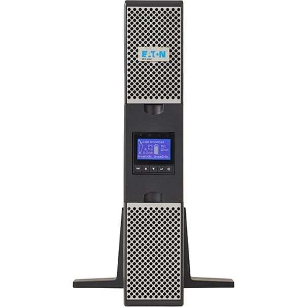 Front view of Eaton 9PX1500GRT in tower orientation showing LCD display interface