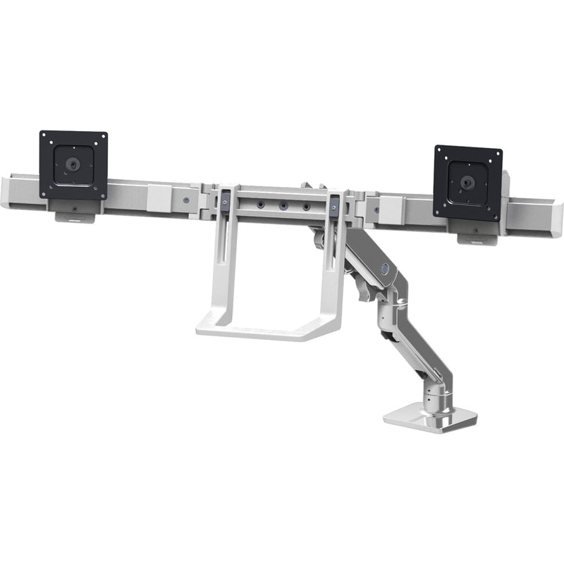 Ergotron HX Dual Monitor Arm in polished aluminum finish showing articulating arm mechanism and dual monitor mounts