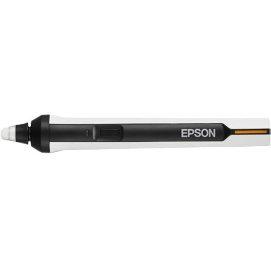 Epson Interactive Pen A in black and white with orange accent, featuring power button and ergonomic design