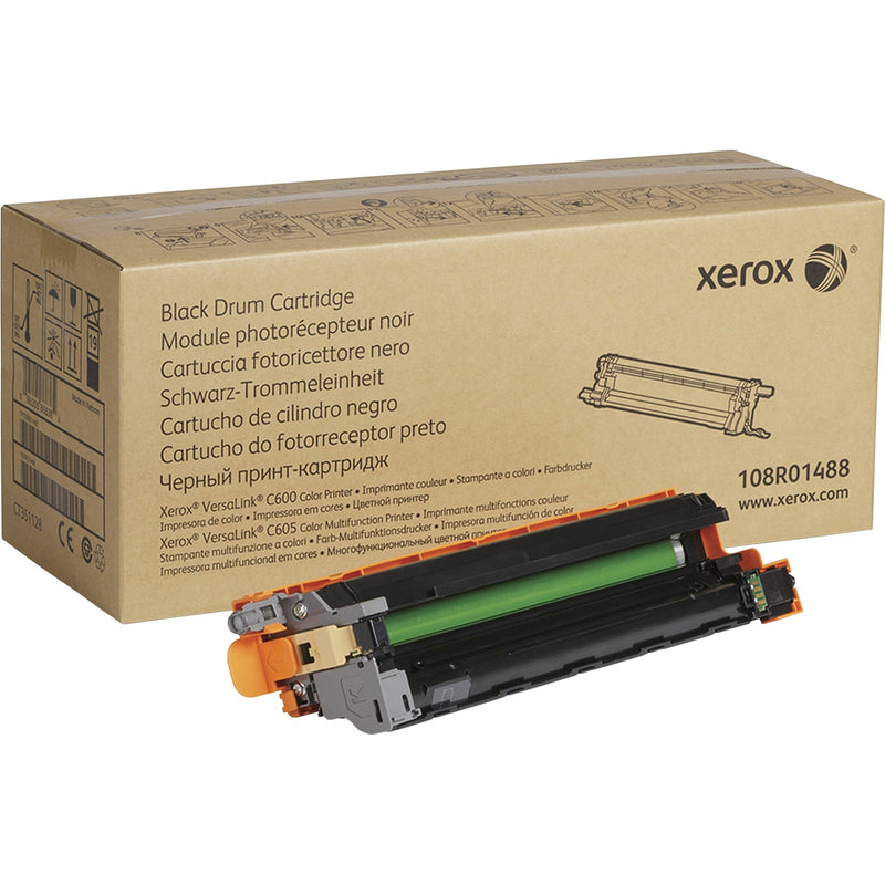 Xerox 108R01488 VersaLink C600/C605 black drum cartridge unit with packaging showing multilingual product information