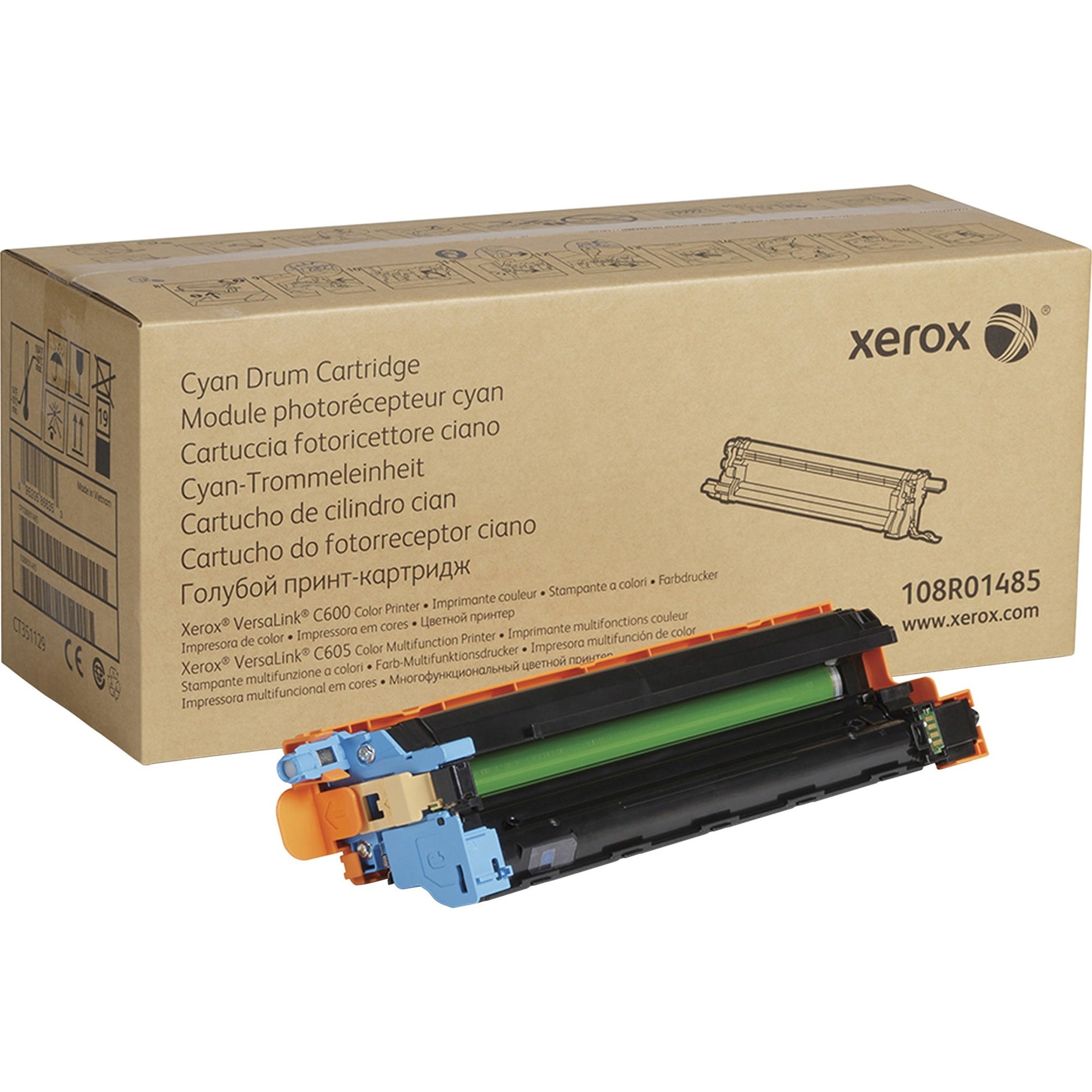 Xerox 108R01485 cyan drum cartridge unit for VersaLink C600/C605 printers shown with retail packaging-alternate-image1