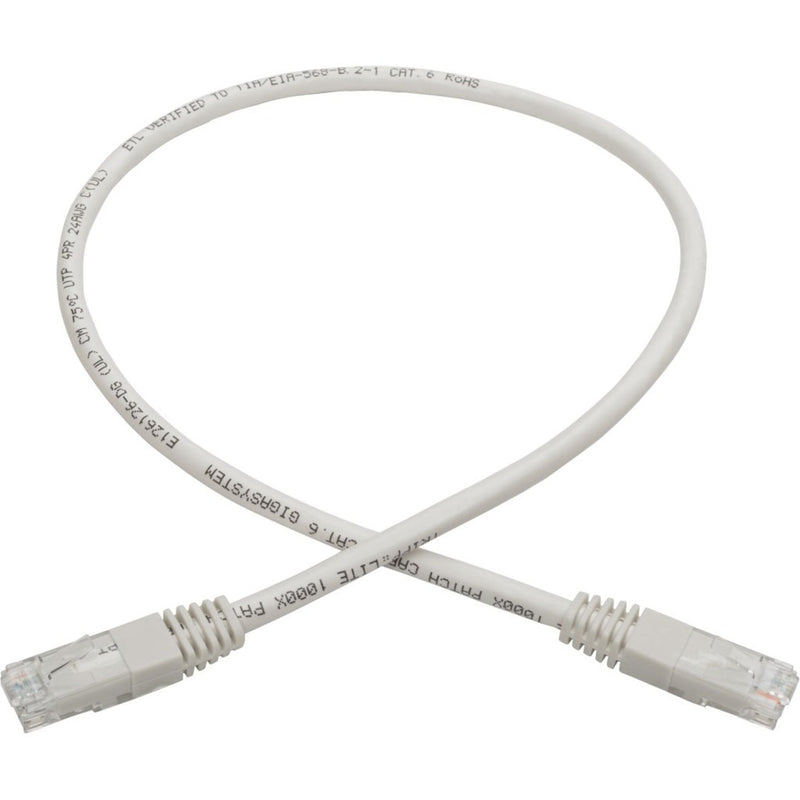 Full length view of white Cat6 ethernet cable showing certification markings and flexible design