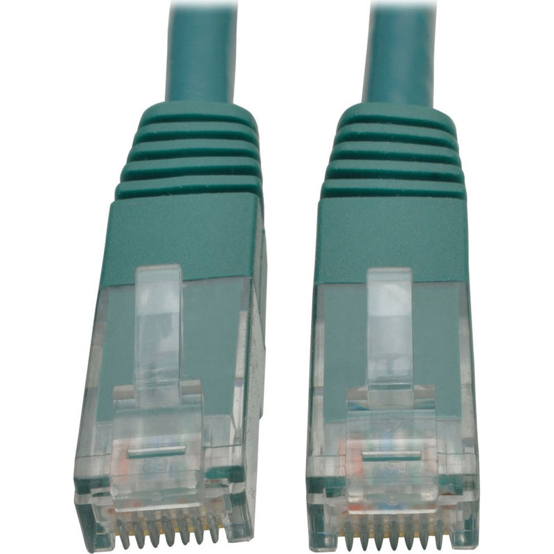 Close-up view of two green Cat6 cable RJ45 connectors with gold-plated pins and clear housing