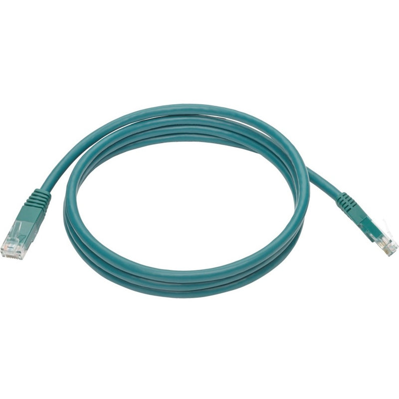 Full length view of 5-foot green Cat6 ethernet cable coiled in a loop