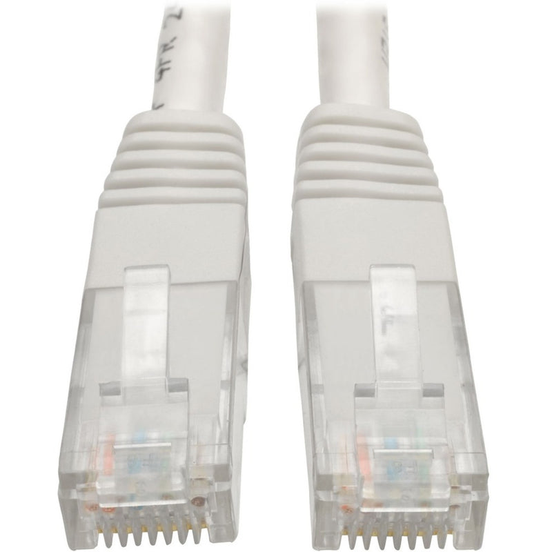 Close-up view of white Cat6 cable RJ45 connectors showing gold-plated pins and strain relief