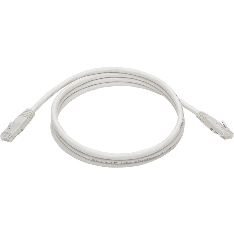 Full length view of white 5-foot Cat6 network cable with RJ45 connectors