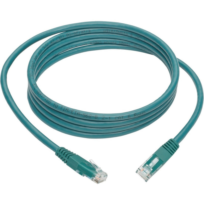 Full length view of coiled green Cat6 ethernet cable with RJ45 connectors