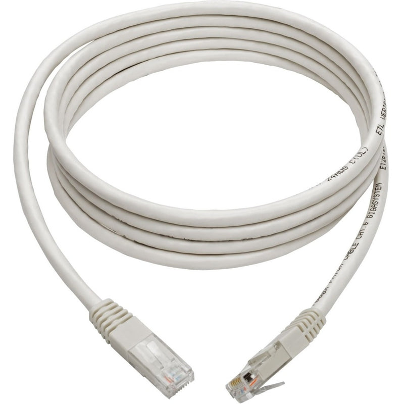 Full length view of coiled white Cat6 network cable with RJ45 connectors