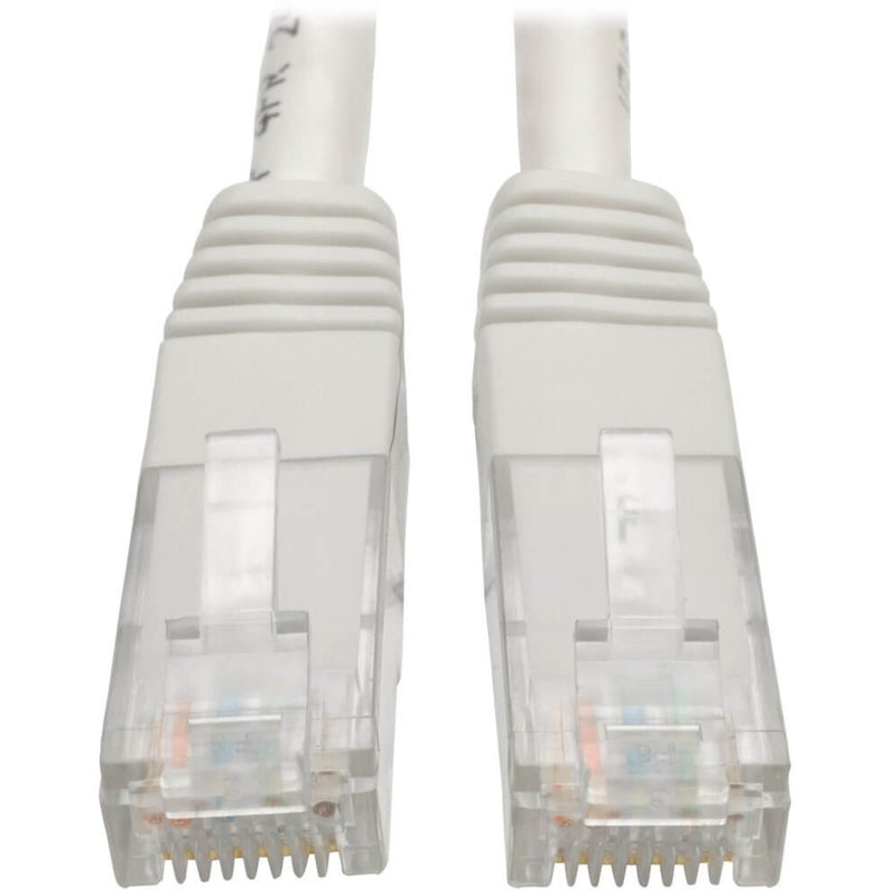 Close-up view of white Cat6 cable RJ45 connectors showing gold-plated pins and clear housing