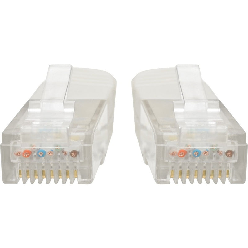 Detailed view of RJ45 connector wiring pattern and pin arrangement