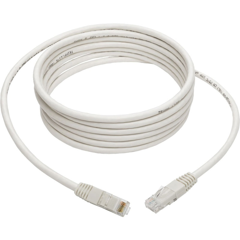 Full length view of coiled white Cat6 network cable showing both connectors