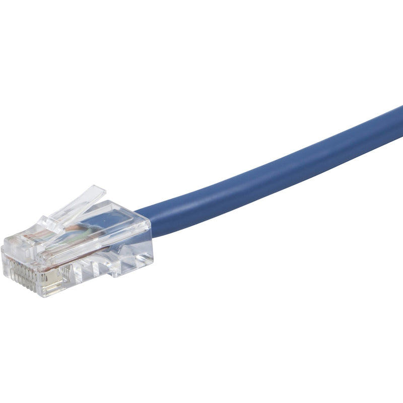 Single RJ-45 connector end of blue Cat6 ethernet cable showing bootless design