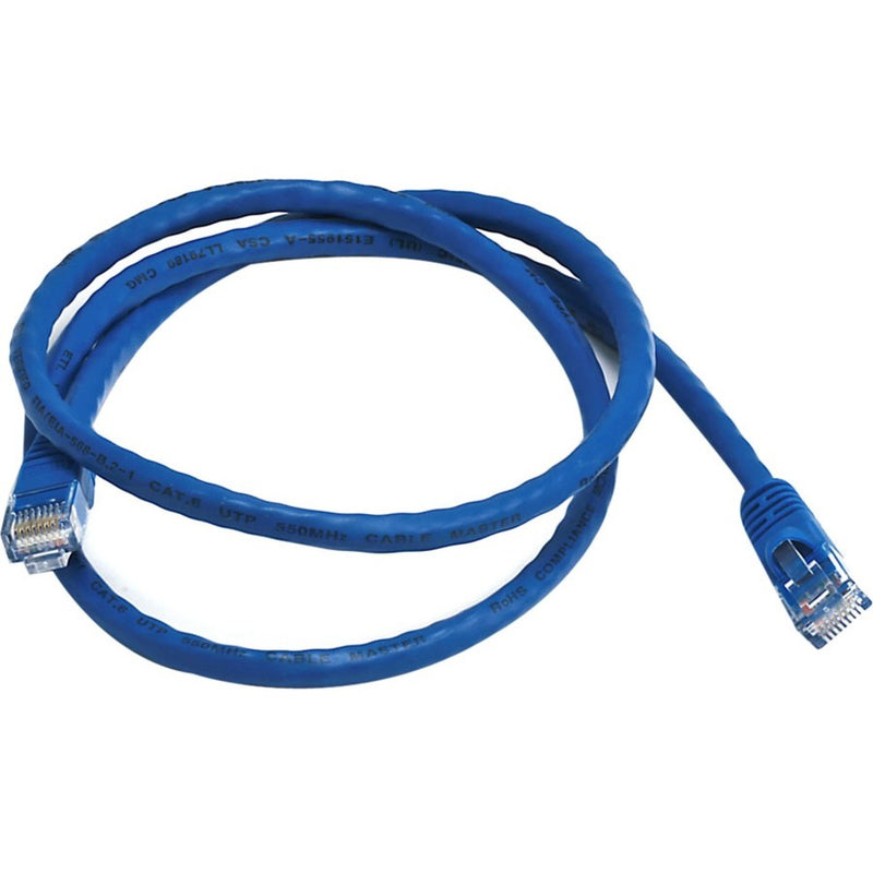 Blue Cat6 ethernet patch cable with RJ-45 connectors shown in curved position against white background