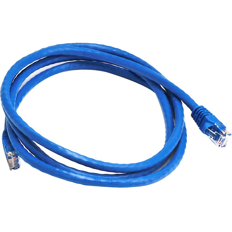 Blue Cat6 ethernet patch cable with RJ-45 connectors coiled in circular shape