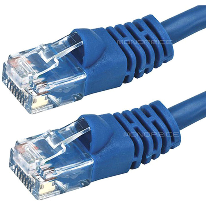 Close-up of blue Cat6 ethernet cable connectors showing gold-plated contacts and snagless boots