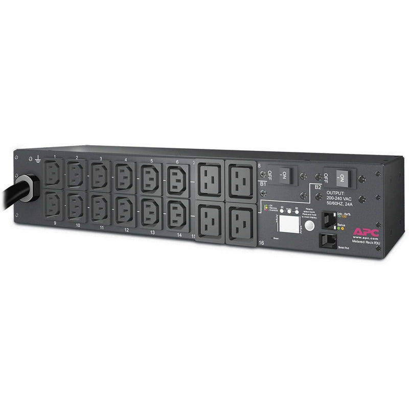 Front view of APC AP7811B Rack PDU showing 16 outlets, digital display, and control interface