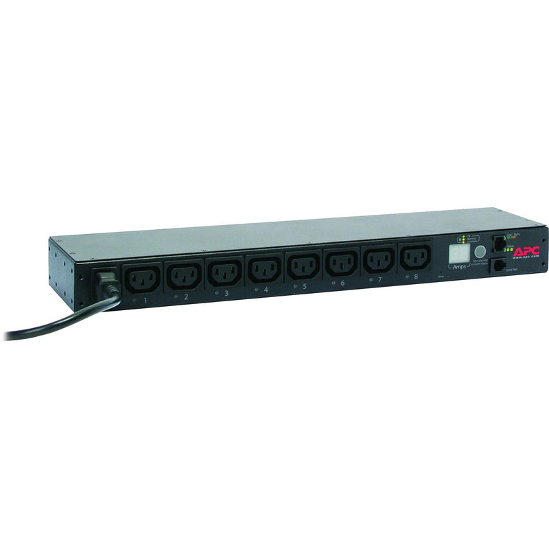 Close-up angle view of APC AP7920B PDU showing outlet configuration and display