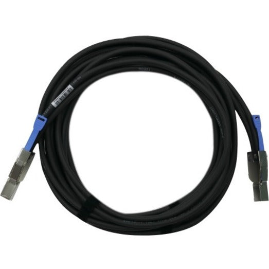 QNAP Mini SAS Cable with black jacket and blue-tabbed SFF-8644 connectors at both ends, coiled in circular arrangement