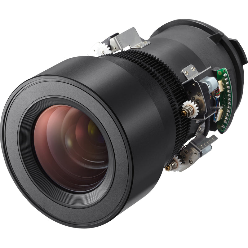 NEC NP41ZL projector zoom lens showing internal mechanics and optical elements with red-tinted front glass