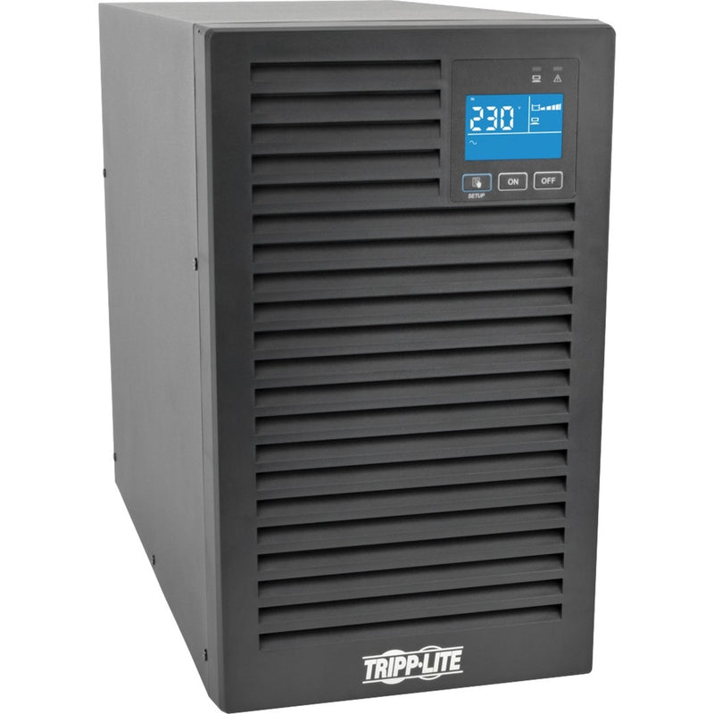 Front view of Tripp Lite SUINT2000XLCD UPS system showing LCD display and ventilation design