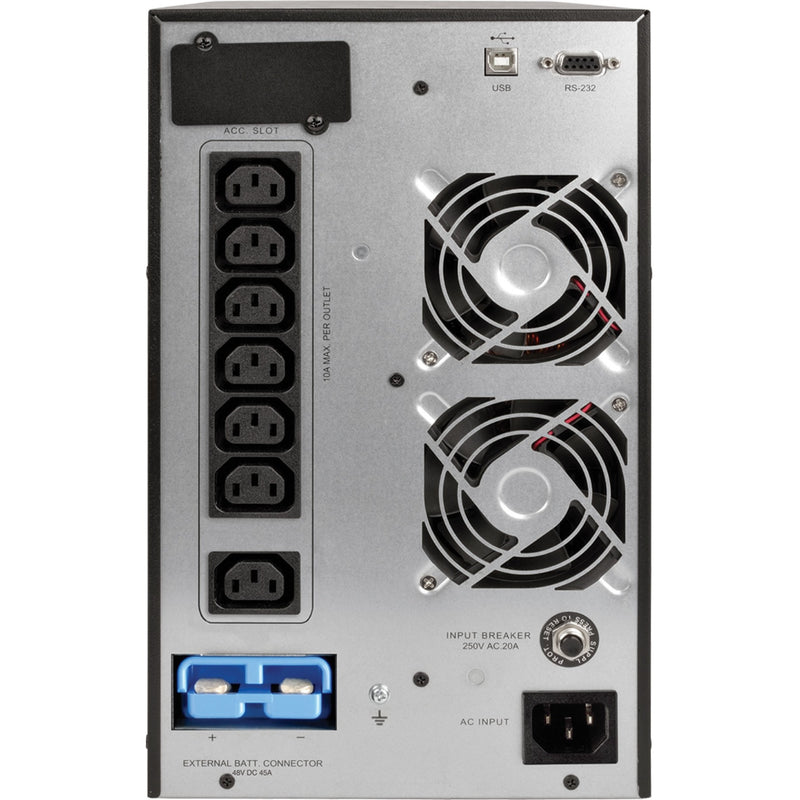 Rear panel view of SUINT2000XLCD showing power outlets, cooling fans, and connectivity ports