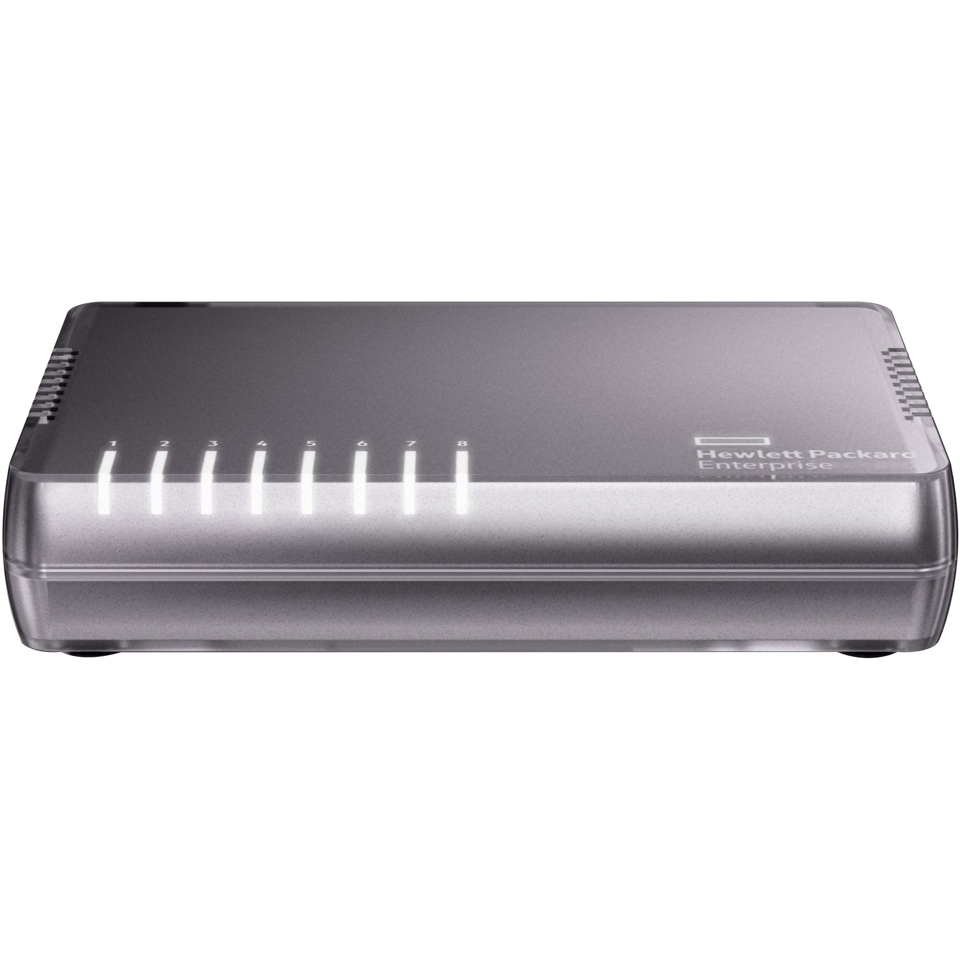 Front view of the HPE OfficeConnect 1405 8G v3 network switch showing eight Gigabit Ethernet ports in a silver metallic housing-alternate-image1