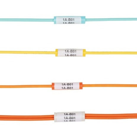 Panduit cable identification sleeves shown on different colored fiber optic cables including aqua, yellow, orange, and red cables