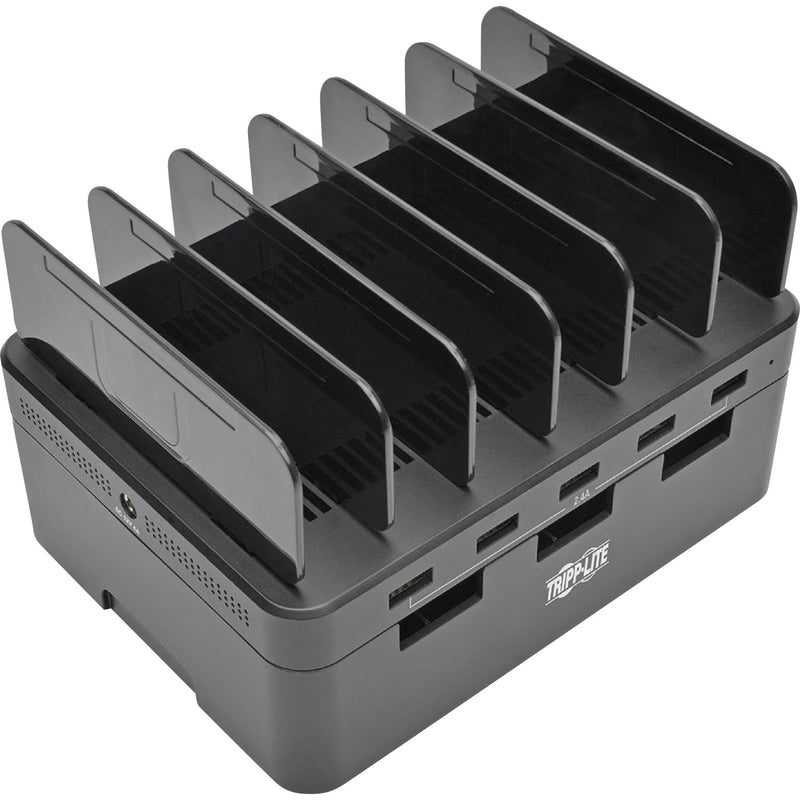 Top angled view of Tripp Lite USB charging station with 5 ports and device organization slots