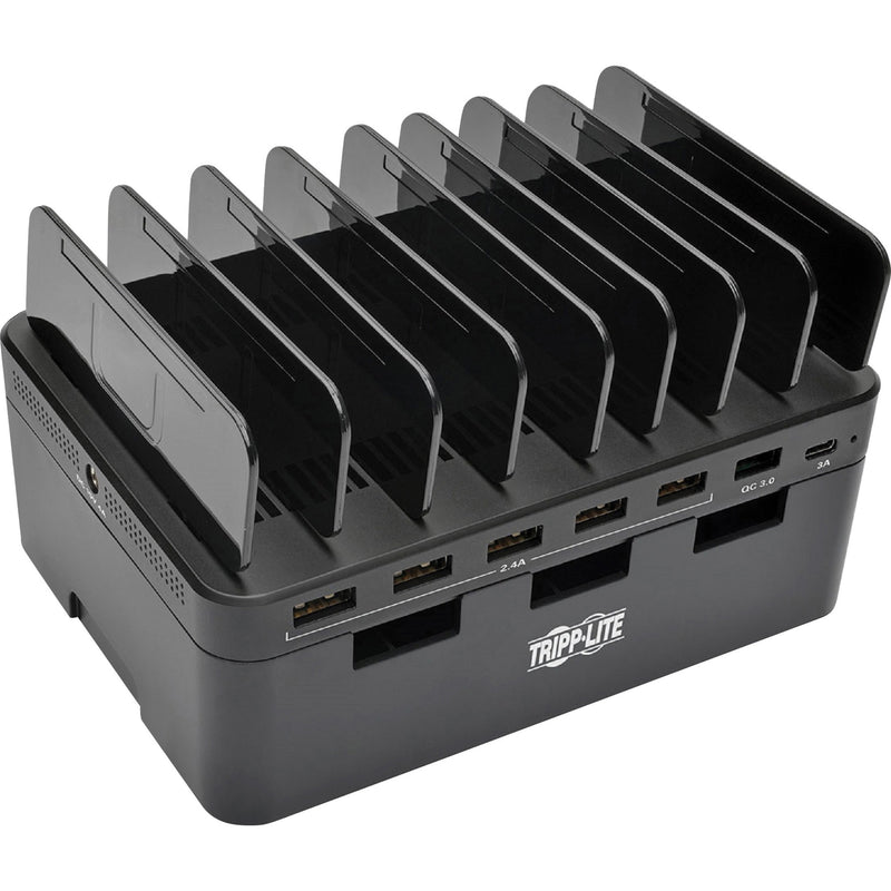 Top view of Tripp Lite 7-port USB charging station with device organization slots