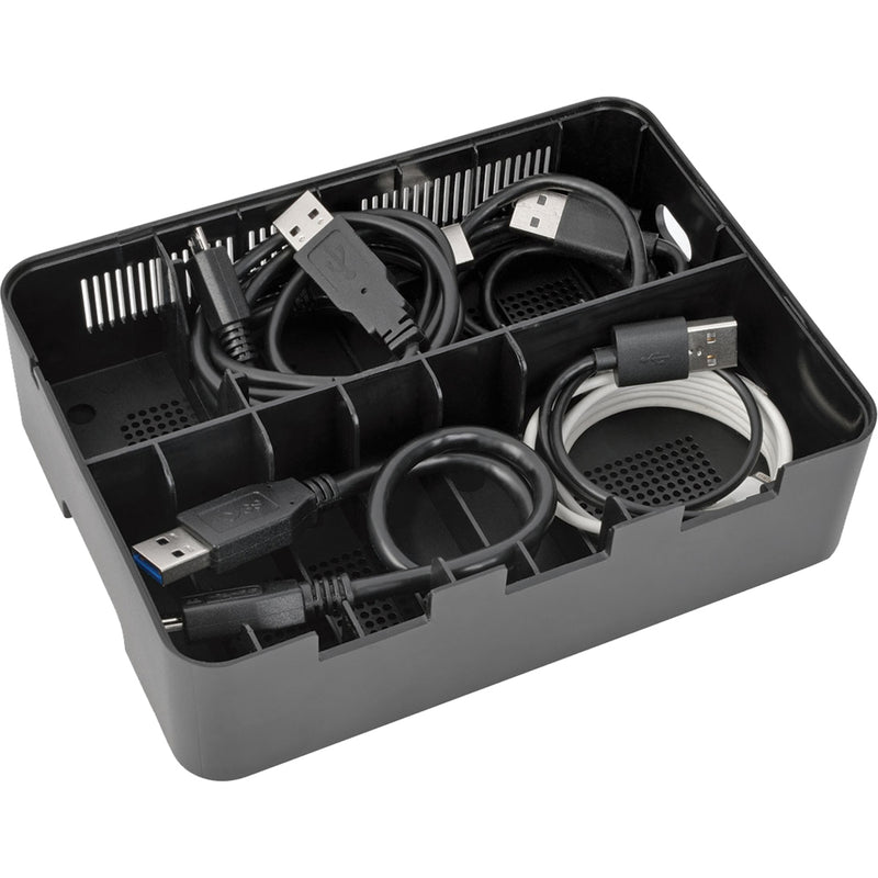 Cable storage compartment of Tripp Lite charging station with organized cables